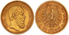 Reichsgoldmünzen

Württemberg

Karl, 1864-1891

20 Mark 1876 F. vorzüglich. Jaeger 293.