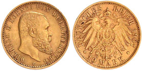 Reichsgoldmünzen

Württemberg

Wilhelm II., 1891-1918

10 Mark 1907 F. vorzüglich. Jaeger 295.