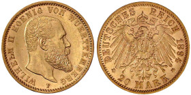 Reichsgoldmünzen

Württemberg

Wilhelm II., 1891-1918

20 Mark 1894 F. vorzüglich/Stempelglanz. Jaeger 296.