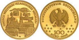 Goldmünzen der Bundesrepublik Deutschland

Euro, ab 2002

100 Euro 2006 A, Weimar. 1/2 Unze Feingold. In Originalschatulle mit Zertifikat. Stempel...