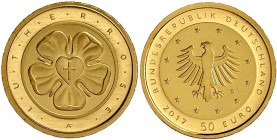 Goldmünzen der Bundesrepublik Deutschland

Euro, ab 2002

50 Euro 2017 D, Lutherrose. 1/4 Unze Feingold. In Originalschatulle mit Zertifikat und U...