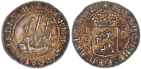 CHINA und Südostasien

Niederländisch-Ostindien

Batavische Republik 1799-1806

1/8 Scheepjesgulden 1802 mit innerem Kreis. fast Stempelglanz, P...