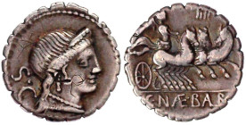 Römische Münzen

Römische Republik

C. Naevius Balbus, 79 v. Chr

Denar Serratus 79 v. Chr. Kopf der Iuno Moneta(?) n.r., l. SC/C. NAE. BALB. Vi...
