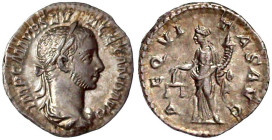 Römische Münzen

Kaiserzeit

Severus Alexander, 222-235

Denar 226. Bel. drap. Brb. r./AEQVITAS AVG. Aequitas steht l., hält Füllhorn und Waage....