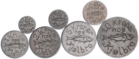 Ausländische Münzen und Medaillen

Dänemark-Färöer-Inseln

7 einseitige Alu-Token der Fa. Kjölbro in Klaksvig zu 10, 25, 50 Öre und 1, 2, 5 und 10...