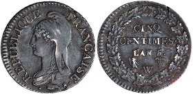 Ausländische Münzen und Medaillen

Frankreich

Erste Republik, 1793-1804

5 Centimes Jahr 5 = 1796/1797 W, Lille. vorzüglich, kl. Schrötlingsriß...