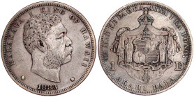 Ausländische Münzen und Medaillen

Hawaii

Kalakaua I., 1874-1891

1 Dollar (Akahi Dala) 1883. fast sehr schön, zaponiert. Krause/Mishler 7.