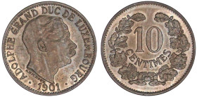 Ausländische Münzen und Medaillen

Luxemburg

Adolph von Nassau-Weilburg, 1890-1905

10 Centimes 1901. Polierte Platte, äußerst selten Ex. der A...