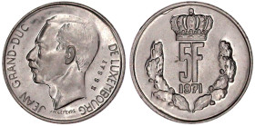 Ausländische Münzen und Medaillen

Luxemburg

Jean, seit 1964

Probe zu 5 Francs 1971 in Cu/Ni mit Inschrift ESSAI. Auflage nur 250 Ex. Erstabsc...