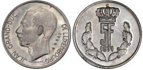 Ausländische Münzen und Medaillen

Luxemburg

Jean, seit 1964

Probe zu 5 Francs 1971 in Silber mit Inschrift ESSAI. Auflage nur 250 Ex. Erstabs...