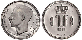 Ausländische Münzen und Medaillen

Luxemburg

Jean, seit 1964

Probe zu 10 Francs 1971 in Cu/Ni mit Inschrift ESSAI. Auflage nur 250 Ex. Erstabs...