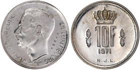 Ausländische Münzen und Medaillen

Luxemburg

Jean, seit 1964

Probe zu 10 Francs 1971 in Silber mit Inschrift ESSAI. Auflage nur 250 Ex. Erstab...