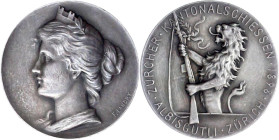 Ausländische Münzen und Medaillen

Schweiz-Zürich, Kanton

Silbermedaille 1898 von Landry, auf das Kantonalschiessen in Albisgütli und Zürich. 26 ...