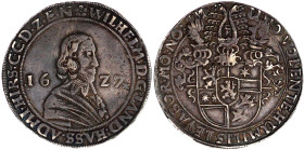 Altdeutsche Münzen und Medaillen

Hessen-Kassel

Wilhelm V., 1627-1637

Reichstaler 1627, Kassel. Brustbild n.r. mit spitzem Kragen, umgeschlage...