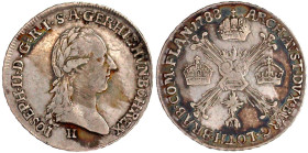 Römisch Deutsches Reich

Haus Habsburg

Josef II., 1780-1790

1/4 Kronentaler 1788 H, Günzburg. fast sehr schön. Herinek 211.