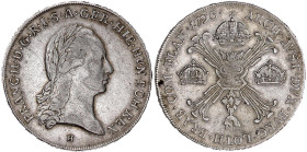 Römisch Deutsches Reich

Haus Habsburg

Franz II.(I.), 1792-1835

Kronentaler 1796 H, Günzburg. 29,42 g. sehr schön, kl. Kratzer. Herinek 485. D...