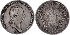 Römisch Deutsches Reich

Haus Habsburg

Franz II.(I.), 1792-1835

Konventionstaler 1826 C, Prag. fast sehr schön. Herinek 353.