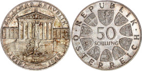 Römisch Deutsches Reich

Republik Österreich

2. Republik nach 1945

50 Schilling 1968, 50 Jahre Republik, beleuchtetes Parlament. Polierte Plat...