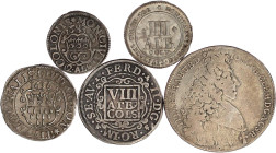 Altdeutsche Münzen und Medaillen

Köln-Stadt u. Erzbistum(Lots)

5 Silbermünzen: Erzbistum 2/3 Taler 1694, Stadt 4 und 8 Albus 1636, 2 Albus 1683,...