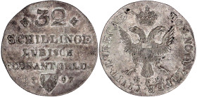 Altdeutsche Münzen und Medaillen

Lübeck-Stadt

32 Schilling 1797 HDF. Mit LÜBISCH. sehr schön. Behrens 303b.