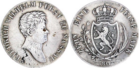 Altdeutsche Münzen und Medaillen

Nassau

Friedrich Wilhelm, 1788-1816

Konventionstaler 1811 CT. Kleiner Kopf und 6 statt 5 Früchte. sehr schön...
