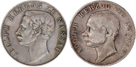 Altdeutsche Münzen und Medaillen

Nassau

Adolph, 1839-1866

2 X Vereinstaler: 1860 und 1863. sehr schön und fast sehr schön. Jaeger 62. Thun 23...