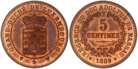 Altdeutsche Münzen und Medaillen

Nassau

Adolph, als Großherzog von Luxemburg, 1889-1905

Probe 5 Centimes in Kupfer 1889, Mit Inschrift ESSAI....