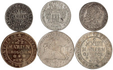 LOTS

Deutsche Münzen bis 1871

6 Silbermünzen: Hildesheim VI Mariengroschen 1689, Hamburg 8 Schilling 1727, Bayern 30 Kreuzer 1732, Braunschweig-...