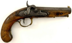 Militaria

Schusswaffen

Perkussionspistole um 1830. Länge 23 cm. Abzugsmechanik/Hahn funktioniert nicht, etwas rostig