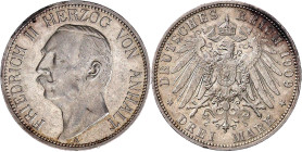Reichssilbermünzen J. 19-178

Anhalt

Friedrich II., 1904-1918

3 Mark 1909 A. fast vorzüglich, kl. Kratzer und Randfehler. Jaeger 23.