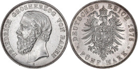 Reichssilbermünzen J. 19-178

Baden

Friedrich I., 1856-1907

5 Mark 1875 G. gutes vorzüglich. Jaeger 27 F.