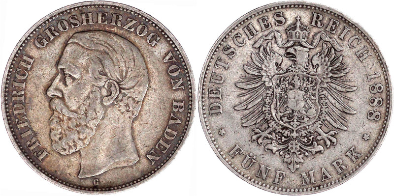 Reichssilbermünzen J. 19-178

Baden

Friedrich I., 1856-1907

5 Mark 1888 ...