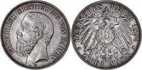 Reichssilbermünzen J. 19-178

Baden

Friedrich I., 1856-1907

2 Mark 1896 G. gutes vorzüglich. Jaeger 28.