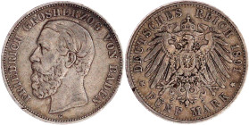 Reichssilbermünzen J. 19-178

Baden

Friedrich I., 1856-1907

5 Mark 1891 G. A ohne Querstrich. fast sehr schön, Randfehler, selten. Jaeger 29 F...