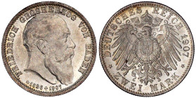 Reichssilbermünzen J. 19-178

Baden

Friedrich I., 1856-1907

2 Mark 1907. Auf seinen Tod. fast Stempelglanz. Jaeger 36.