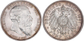 Reichssilbermünzen J. 19-178

Baden

Friedrich I., 1856-1907

5 Mark 1907. Auf seinen Tod. vorzüglich/Stempelglanz. Jaeger 37.