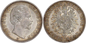 Reichssilbermünzen J. 19-178

Bayern

Ludwig II., 1864-1886

2 Mark 1876 D. fast Stempelglanz, schöne Patina. Jaeger 41.