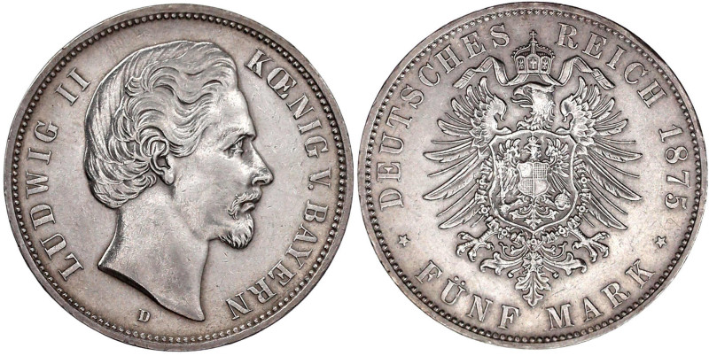 Reichssilbermünzen J. 19-178

Bayern

Ludwig II., 1864-1886

5 Mark 1875 D...