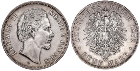 Reichssilbermünzen J. 19-178

Bayern

Ludwig II., 1864-1886

5 Mark 1875 D. 20° Stempeldrehung. gutes vorzüglich. Jaeger 42.