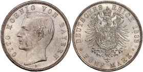 Reichssilbermünzen J. 19-178

Bayern

Otto, 1886-1913

5 Mark 1888 D. fast Stempelglanz, Prachtexemplar. Jaeger 44.