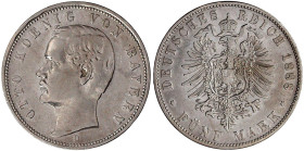Reichssilbermünzen J. 19-178

Bayern

Otto, 1886-1913

5 Mark 1888 D. sehr schön. Jaeger 44.