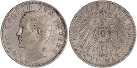 Reichssilbermünzen J. 19-178

Bayern

Otto, 1886-1913

5 Mark 1896 D. Seltener Jahrgang. sehr schön, kl. Randfehler. Jaeger 46.