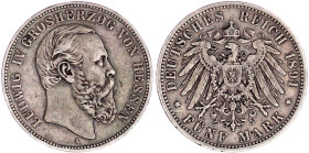 Reichssilbermünzen J. 19-178

Hessen

Ludwig IV., 1877-1892

5 Mark 1891 A. sehr schön. Jaeger 71.