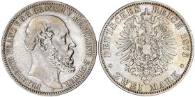 Reichssilbermünzen J. 19-178

Mecklenburg-Schwerin

Friedrich Franz II., 1842-1883

2 Mark 1876 A. fast sehr schön, kl. Randfehler. Jaeger 84.