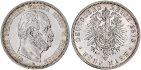 Reichssilbermünzen J. 19-178

Preußen

Wilhelm I., 1861-1888

5 Mark 1876 B. vorzüglich/Stempelglanz, kl. Kratzer. Jaeger 97.