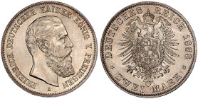 Reichssilbermünzen J. 19-178

Preußen

Friedrich III., 1888

2 Mark 1888 A. fast Stempelglanz, Prachtexemplar. Jaeger 98.