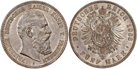 Reichssilbermünzen J. 19-178

Preußen

Friedrich III., 1888

5 Mark 1888 A. vorzüglich, kl. Kratzer. Jaeger 99.