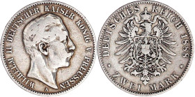 Reichssilbermünzen J. 19-178

Preußen

Wilhelm II., 1888-1918

2 Mark 1888 A. Kl. Adler. fast sehr schön, kl. Kratzer, selten. Jaeger 100.