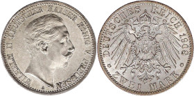 Reichssilbermünzen J. 19-178

Preußen

Wilhelm II., 1888-1918

2 Mark 1908 A fast Stempelglanz, Prachtexemplar. Jaeger 102.
