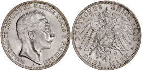 Reichssilbermünzen J. 19-178

Preußen

Wilhelm II., 1888-1918

3 Mark 1908 A fast Stempelglanz, winz. Randfehler. Jaeger 103.